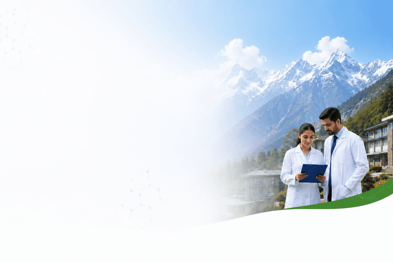 Himalayan mountains with clinical researchers and healthcare facility